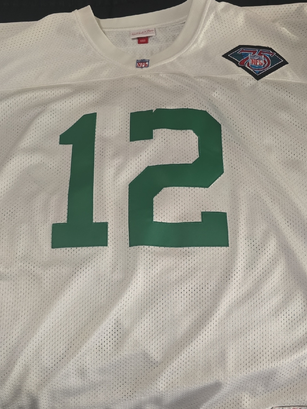 Mitchell & Ness White Mesh Jersey with Green 12 and NFL 75th Patch